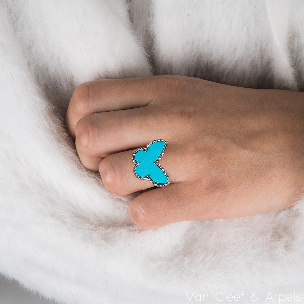 Van Cleef & Arpels White Gold Turquoise Lucky Alhambra Butterfly Ring